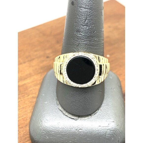 Rolex Style Ring 10k Yellow Gold Diamond Onyx Statement Cocktail Men's S… - Picture 7 of 14